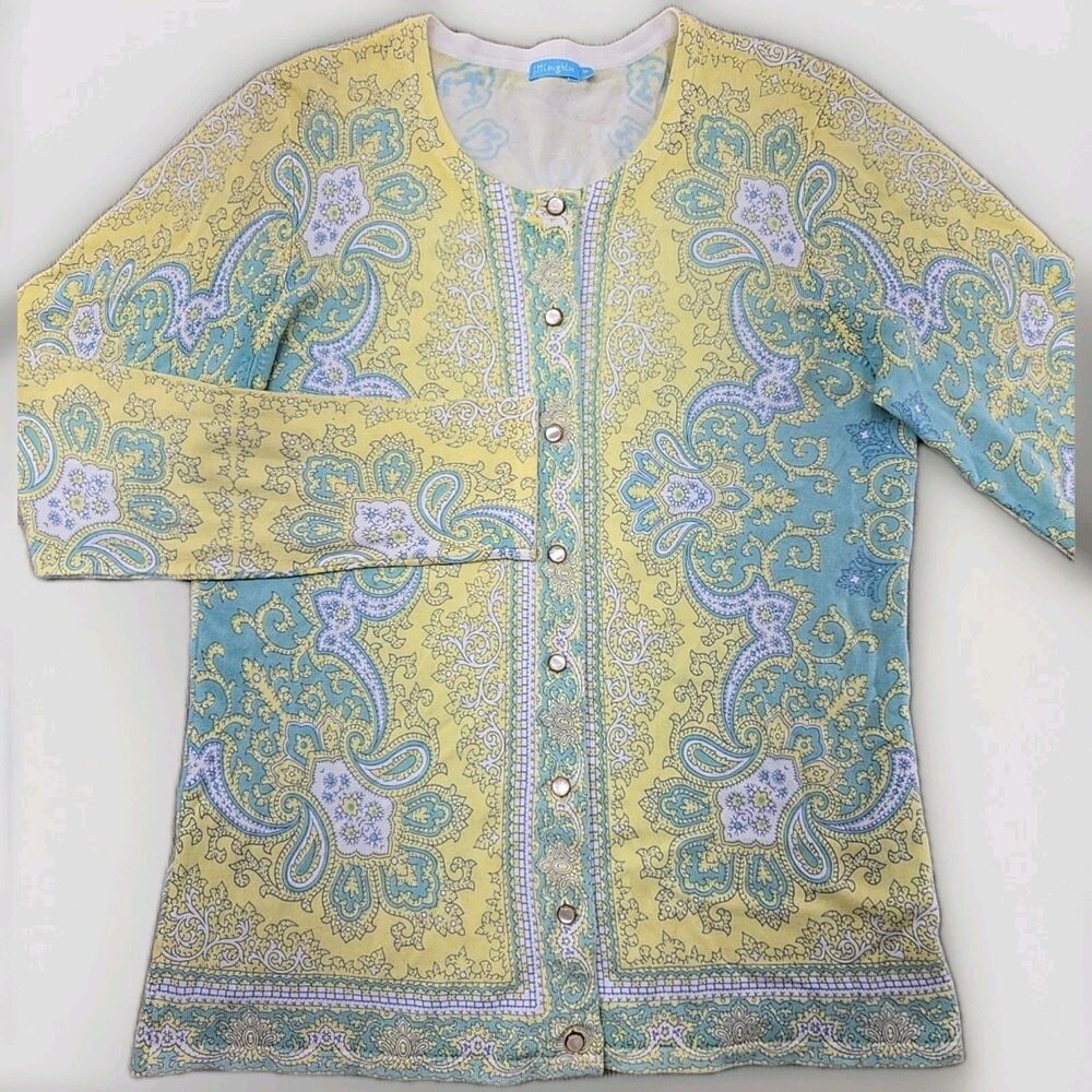 J. McLaughlin Women's Medium Paisley Cardigan Cotton Modal Spandex Yellow Blue